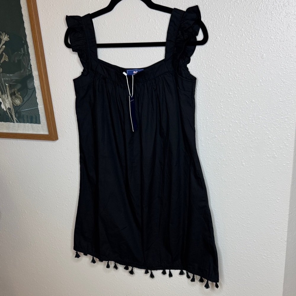 Vineyard Vines Black Cotton Dress XS NWT Ruffle Strap Tassel Hem - Picture 7 of 11